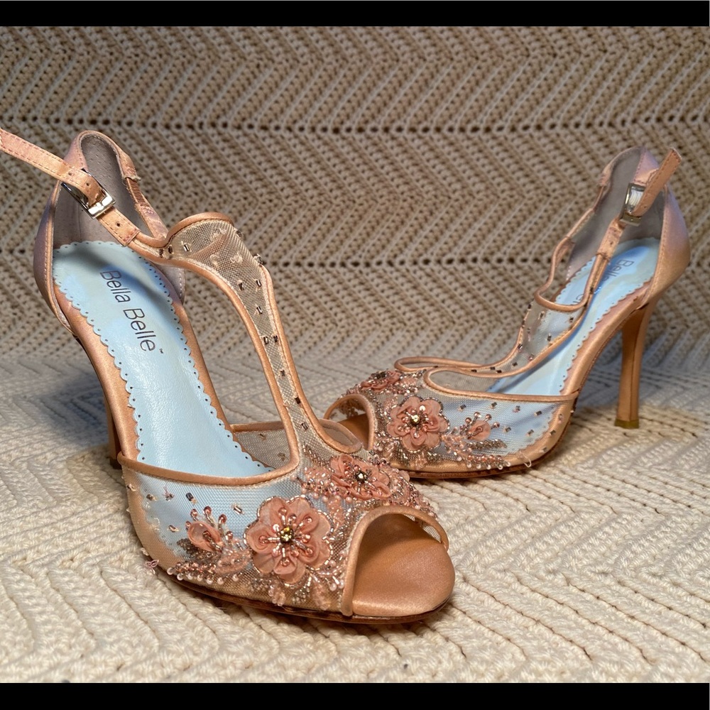 Bella Belle Pink Floral Open Toe Ankle Strap Heels